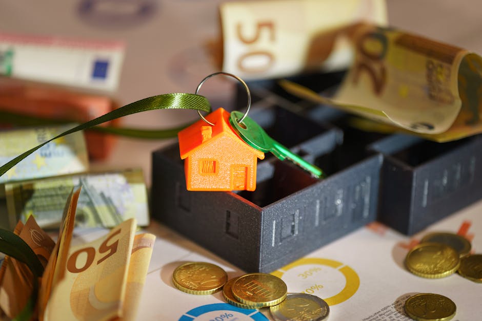 A close-up photograph of a small, orange plastic house keychain attached to a green key, resting on top of a black foam moving box filled with rolled euro banknotes and coins. The box is situated on a table scattered with additional euro banknotes and coins, indicating a money management or cost consideration context related to house removals. The scene includes a doorway or loading area in the background, suggesting the process of moving or packing for a home relocation. The lighting is bright, highlighting the details of the currency and packaging materials, with the focus on the keychain and the contents of the box, aligning with themes of packing, moving logistics, and potential hidden fees associated with removals services as discussed in the page about hidden removals fees in Tooting.